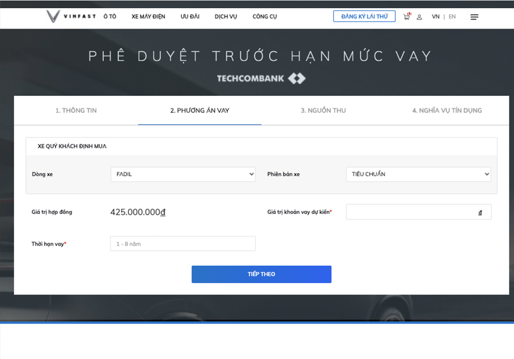 Nhập thông tin hợp đồng mua xe tại bước “phương án vay”