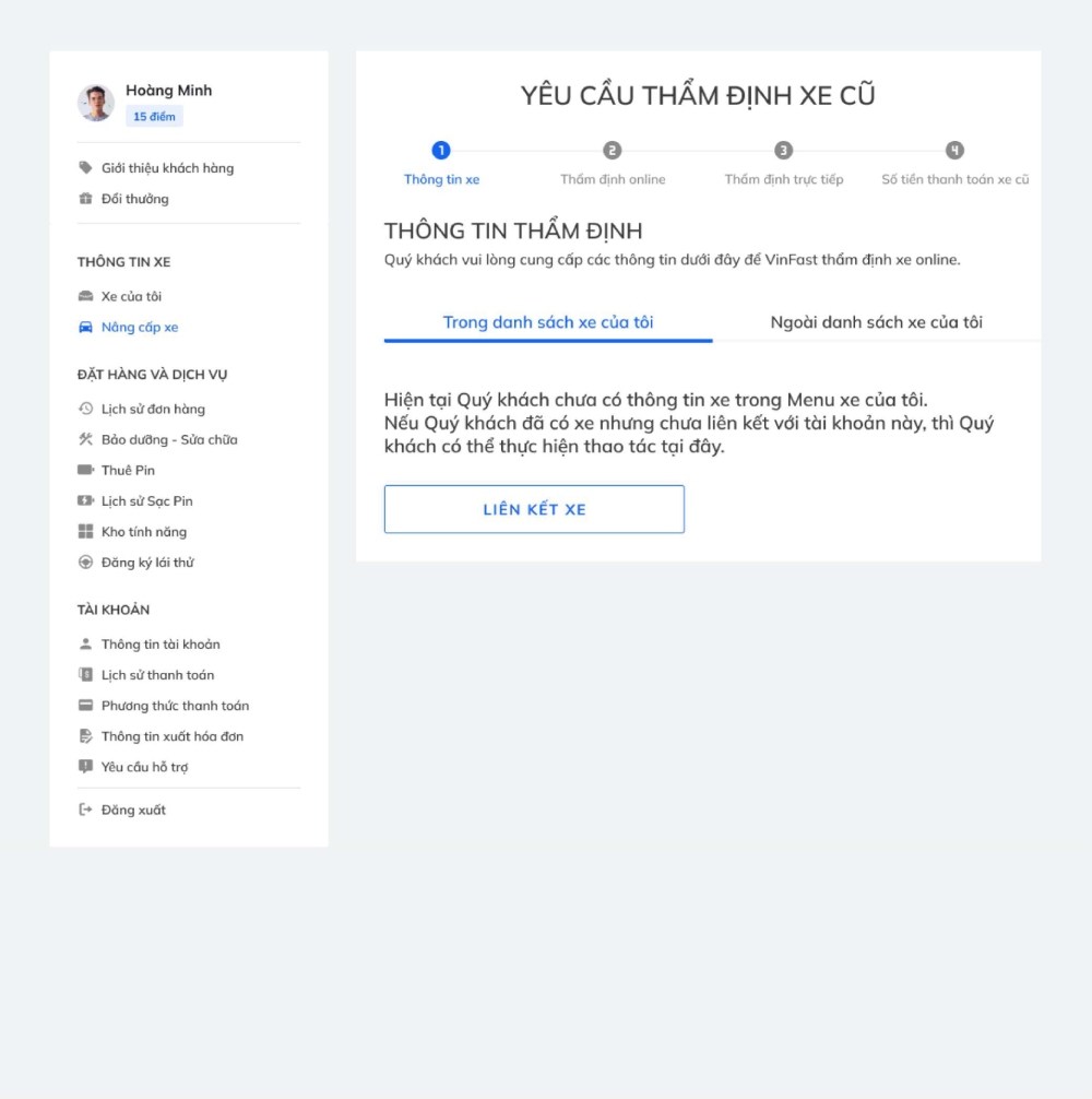 Liên kết xe để gửi yêu cầu thẩm định xe VinFast online