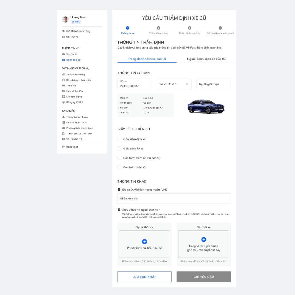 Giao diện thẩm định xe ô tô VinFast online về thông tin