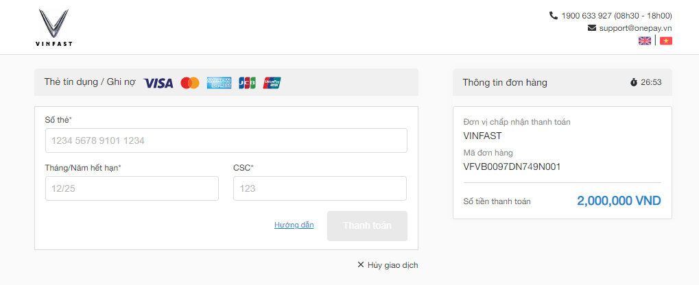 Chọn thanh toán đặt cọc xe máy điện VinFast online qua thẻ ngân hàng