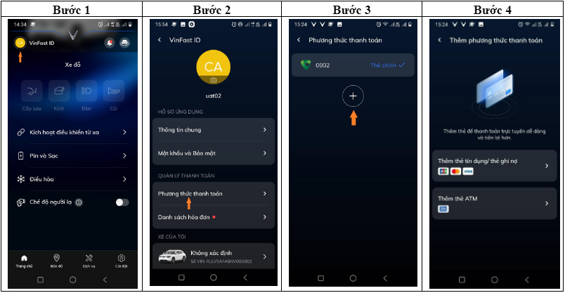 Thêm phương thức thanh toán trên ứng dụng vinfast