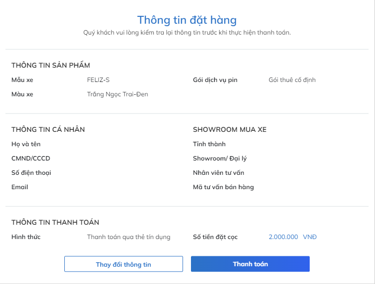 Giao diện kiểm tra thông tin sau khi điền để đặt cọc xe máy điện VinFast