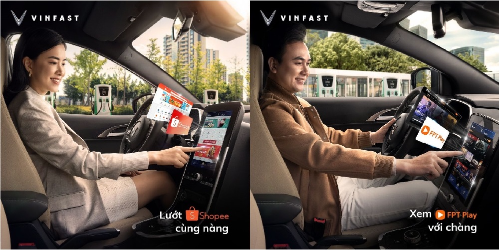 Các tính năng giải trí trên VF e34 với shopee và FPT play
