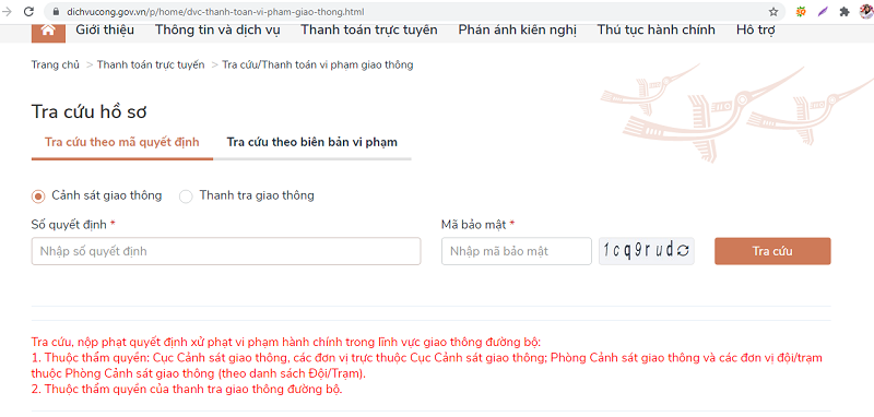 Cách nộp phạt vi phạm giao thông - giao diện tra cứu hồ sơ vi phạm giao thông tại web
