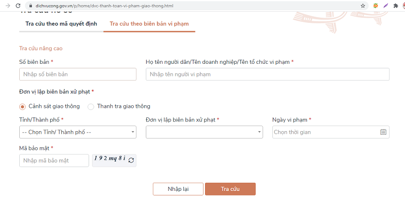 Cách nộp phạt vi phạm giao thông - màn hình điền thông tin tra cứu vi phạm giao thông