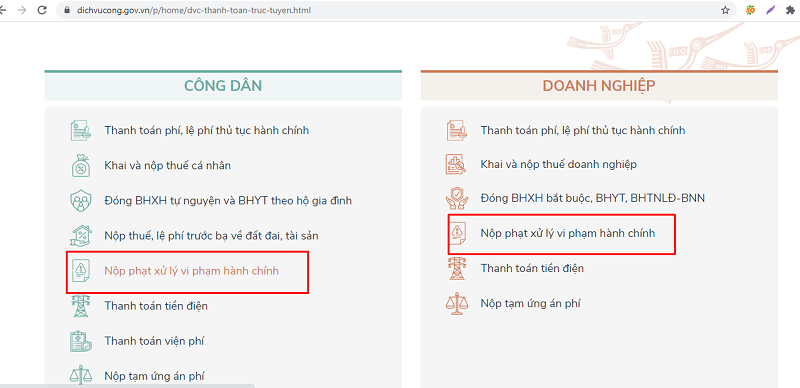 Cách nộp phạt vi phạm giao thông - Màn hình chọn khai báo nộp phạt cho cá nhân hoặc doanh nghiệp