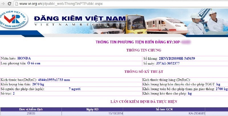Giao diện tra cứu biển số xe ô tô tại website Đăng Kiểm Việt Nam