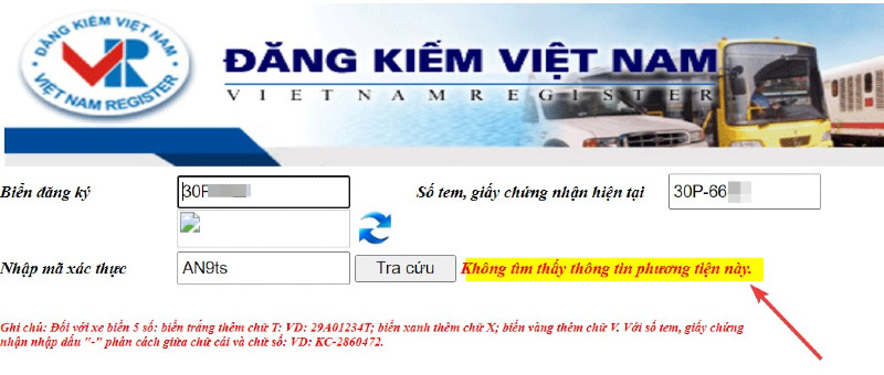 Lỗi không tìm thấy thông tin phương tiện khi tra cứu biển số xe ô tô online