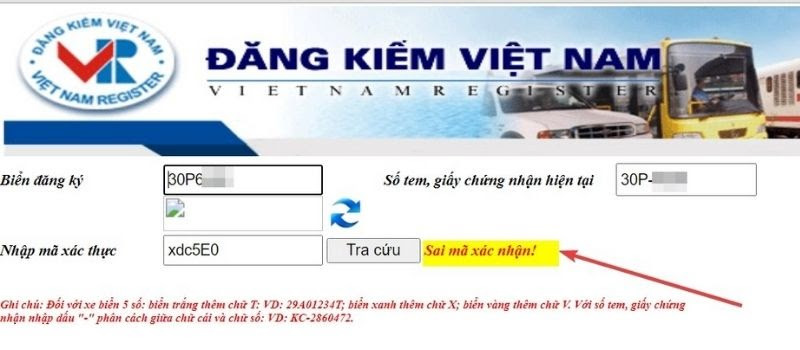 Lỗi sai mã xác nhận khi tra cứu biển số xe ô tô online