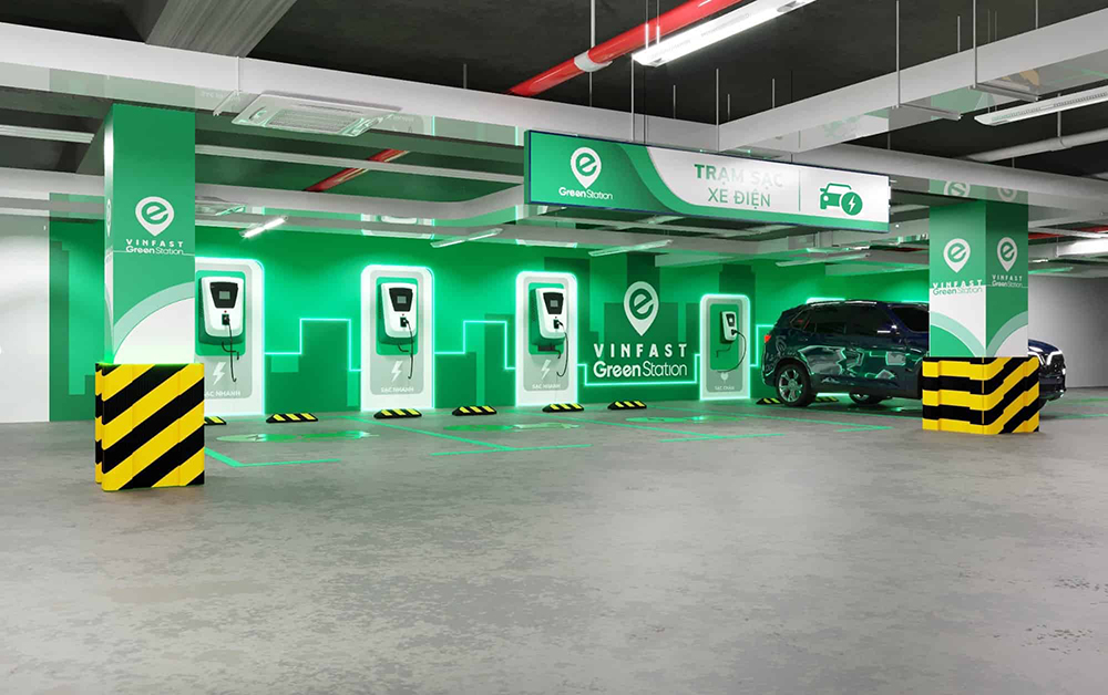 Trạm sạc xe điện VinFast được bố trí tại bãi đậu xe của các tòa nhà