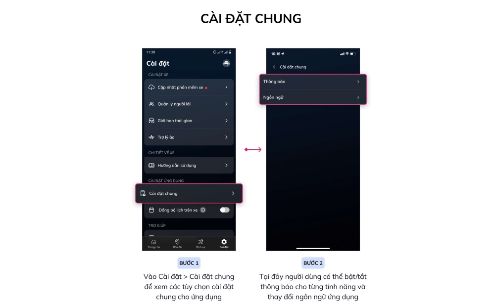 Tra cứu hướng dẫn cài đặt chung cho ngôn ngữ và thông báo trên ứng dụng VinFast ô tô điện