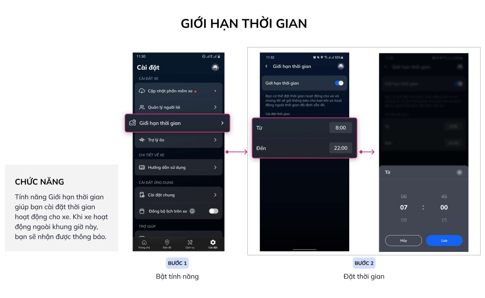 Các bước cài đặt giới hạn thời gian trên Ứng dụng VinFast