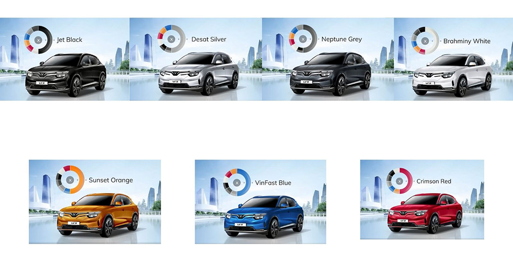 Bảng màu VF 8 bao gồm 7 phiên bản màu sắc thời thượng, mang đến vẻ ngoài độc đáo cho xe