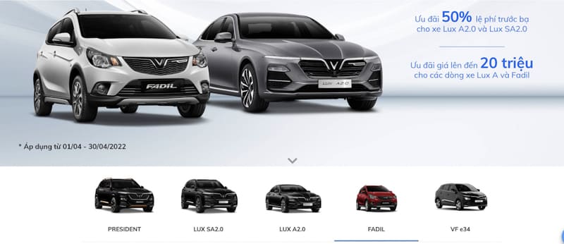 Giao diện website cho khách hàng chọn mua xe VinFast trực tuyến