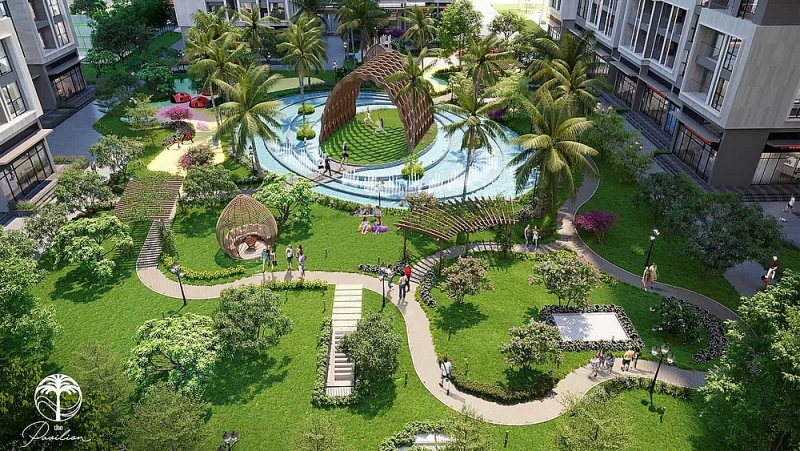 Vườn nhiệt đới Botanic Garden phủ xanh tòa P1 - The Pavilion trong khu đô thị Vinhomes Ocean Park.