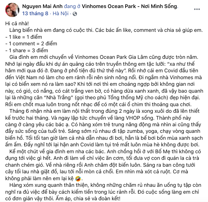  “Thành phố này càng ở càng yêu” – chị Mai Anh chia sẻ trên trang cá nhân về cuộc sống tại Vinhomes Ocean Park.
