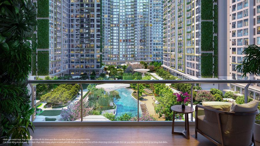 Thiết kế ban công ấn tượng, tầm nhìn nội khu và sân vườn phủ xanh tứ phía tại căn garden house của Lumière Boulevard.