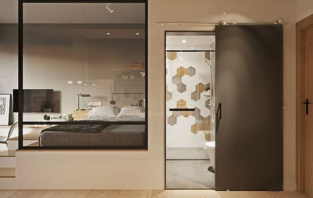 Cửa kính giúp tạo chiều sâu cho không gian trong căn hộ studio Vinhomes