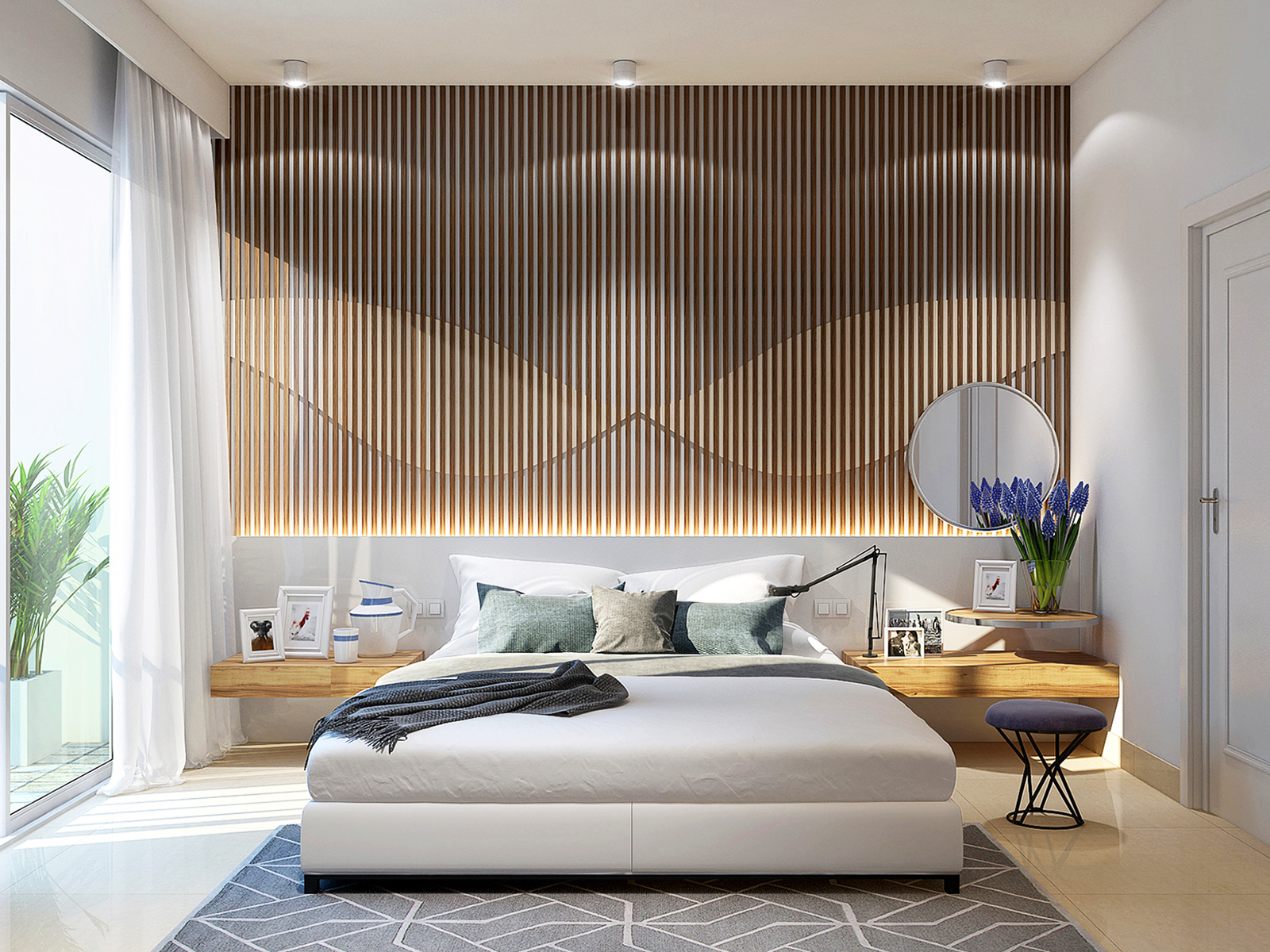 Стеновые панели в спальне над кроватью в современном стиле