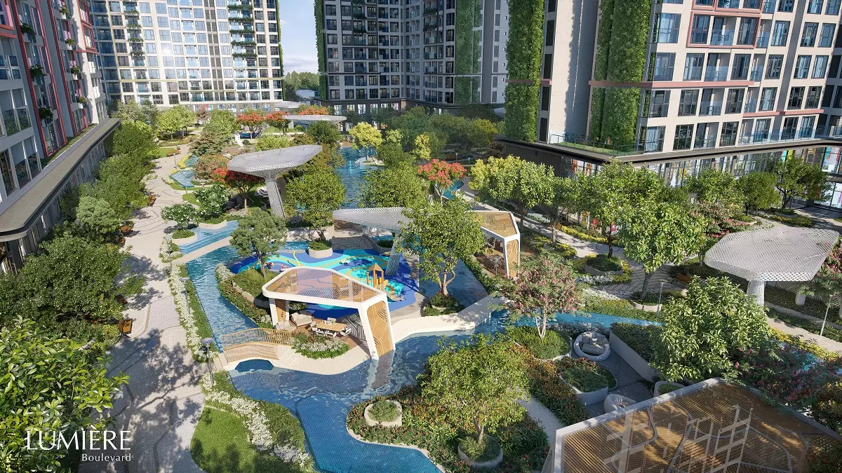 Vườn xanh phủ kín khắp nơi tạo cảm giác kết nối với tự nhiên tại Lumière Boulevard. Ảnh phối cảnh