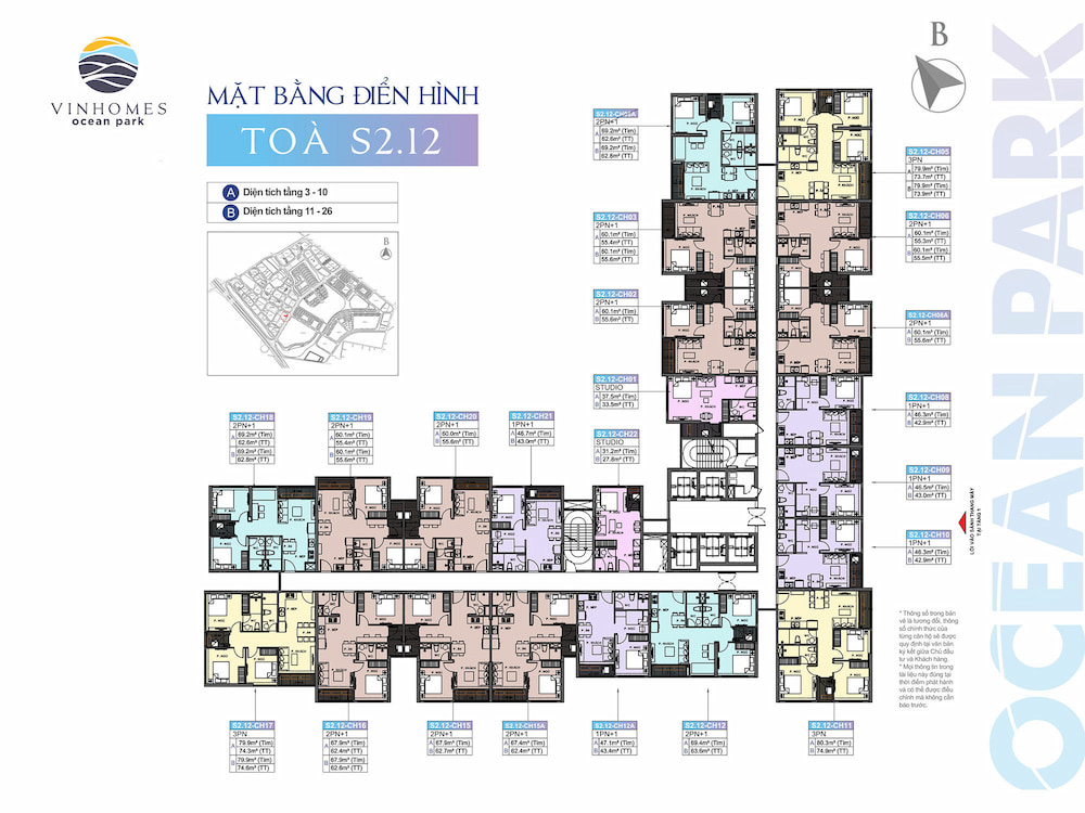 Mặt bằng điển hình của tòa S2.12 Vinhomes Ocean Park 