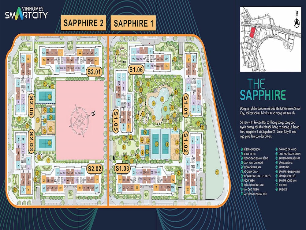 Sơ đồ mặt bằng tiện ích phân khu Sapphire 1 Vinhomes Smart City