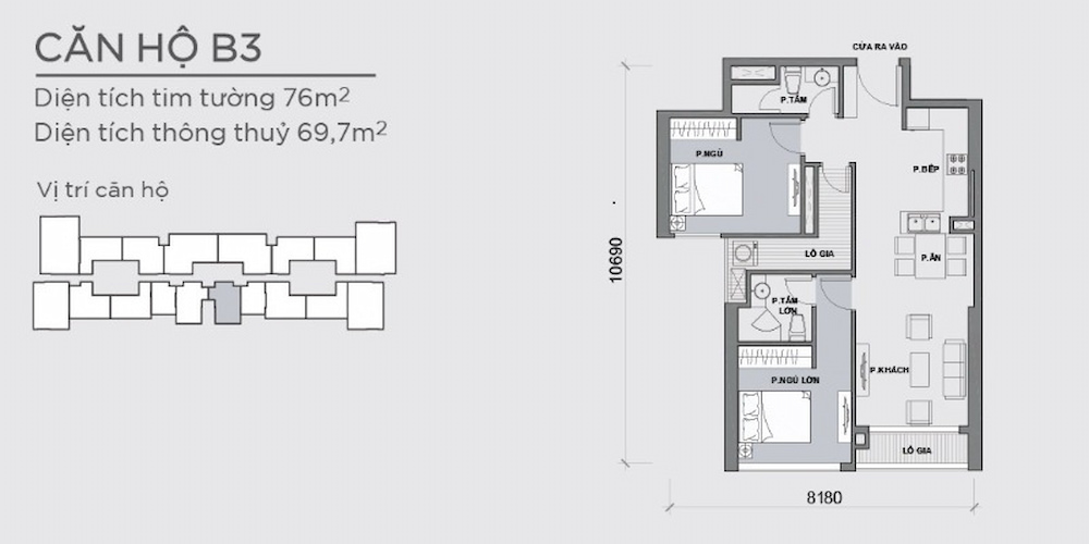 Thiết kế điển hình tại mặt bằng căn hộ Vinhomes Central Park 2 phòng ngủ