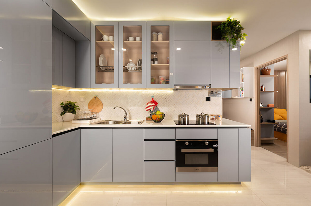 Thiết kế nội thất phòng bếp gọn gàng, hiện đại