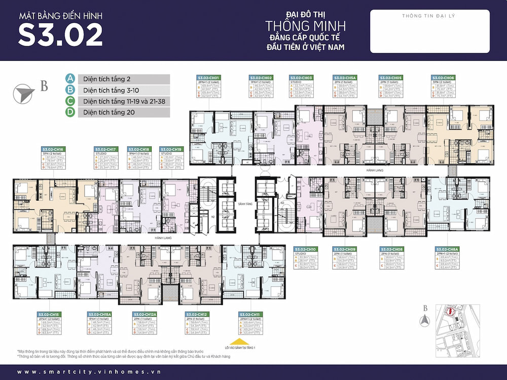 Tòa S3.02 Vinhomes Smart City đa dạng các loại căn hộ giúp khách hàng dễ dàng chọn lựa căn hộ phù hợp nhất.