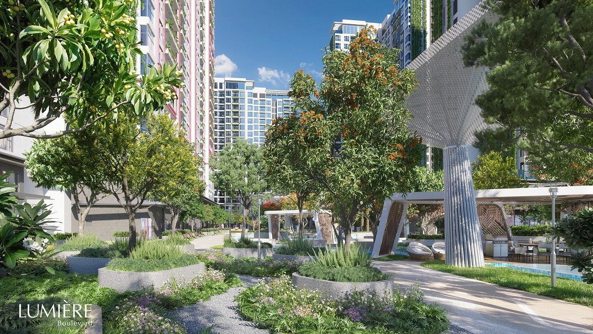 Lumière Boulevard gây choáng ngợp bởi nội khu được bao phủ bởi cây cỏ đa tầng. Ảnh phối cảnh dự án