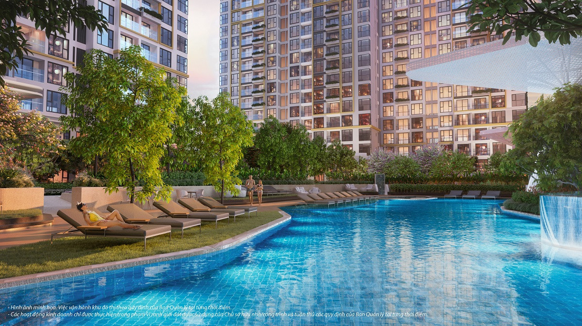 Hồ bơi phi thuyền là điểm nhấn mở ra thế giới nghỉ dưỡng, tận hưởng riêng tư cho cư dân. Ảnh phối cảnh dự án