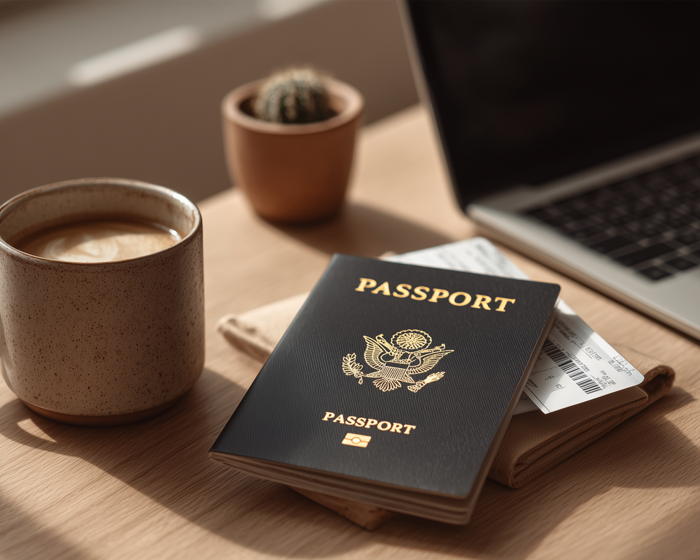 A passport and coffee mug on a desk reading visa requirements 
