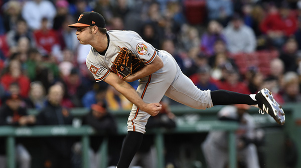 May 4, 2017; Boston, MA, USA; Baltimore Orioles starting pitcher Tyler Wilson pitches during the first inning against the Boston Red Sox at Fenway Park. Mandatory Credit: Bob DeChiara-USA TODAY Sports