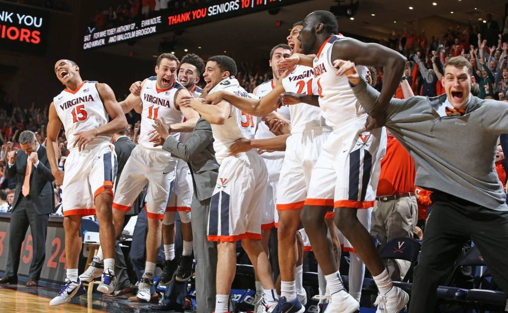 Celebration after Caid Kirven 3-pointer