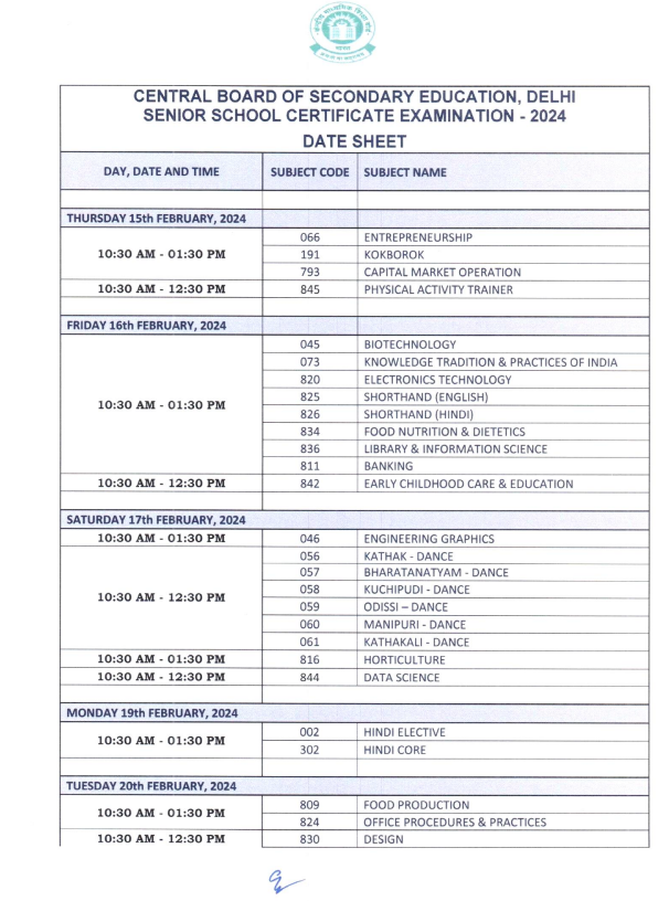 CBSE announces timetable for Class 10, Class 12 Board exams 2024