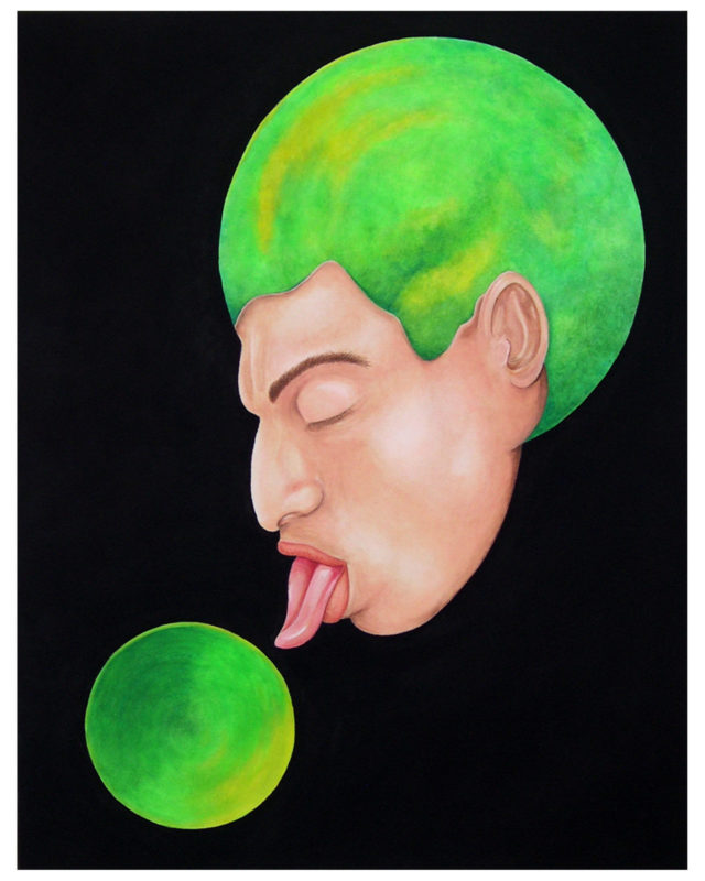 A figure’s floating head is seen in profile against a flat black background. Protruding from the back of their head in replacement of any hair is a fluorescent green circle that could be perceived as an orb or a planet. A smaller version of the same shape is seen just in front of their face. The figure has their eyes closed and tongue sticking out as if they are about to lick the smaller shape.