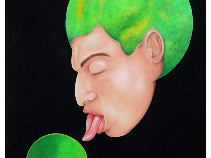 A figure’s floating head is seen in profile against a flat black background. Protruding from the back of their head in replacement of any hair is a fluorescent green circle that could be perceived as an orb or a planet. A smaller version of the same shape is seen just in front of their face. The figure has their eyes closed and tongue sticking out as if they are about to lick the smaller shape.