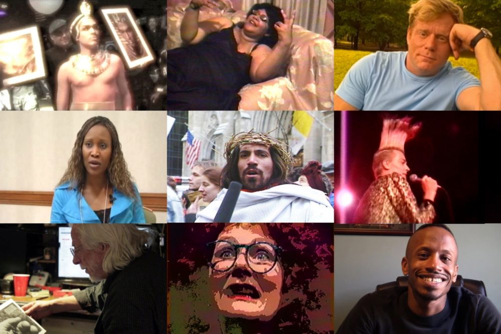 Video stills from participating artists, from top left: Luna Luis Ortiz, Juanita Muhammed, Mark S. King, Southern AIDS Living Quilt, Ray Navarro, Nelson Sullivan, James Wentzy, Carol Leigh aka Scarlot Harlot, and Justin B. Terry-Smith.