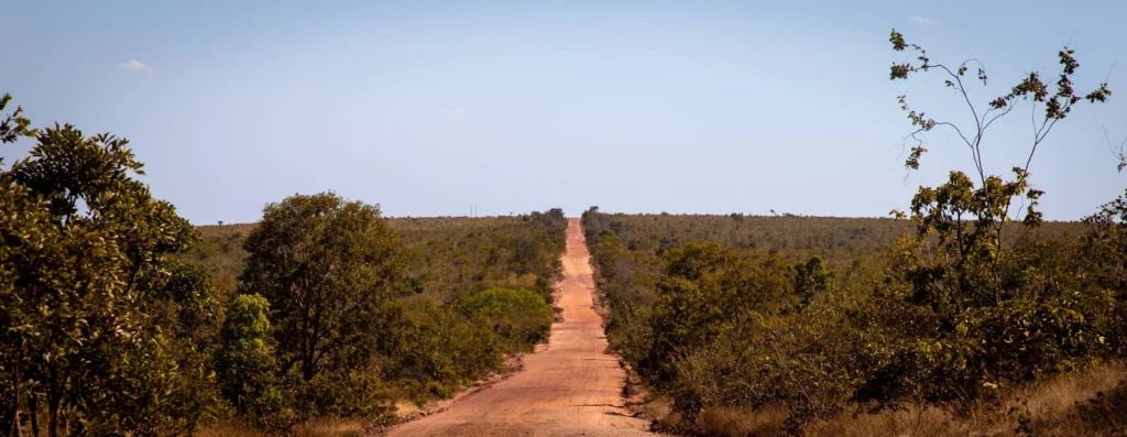 Estrada de terra atravessando a vegetação do Cerrado no Jalapão