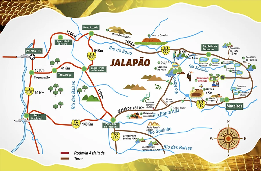 Localização do Jalapão no Tocantins com Palmas, Mateiros, Ponte Alta e São Félix