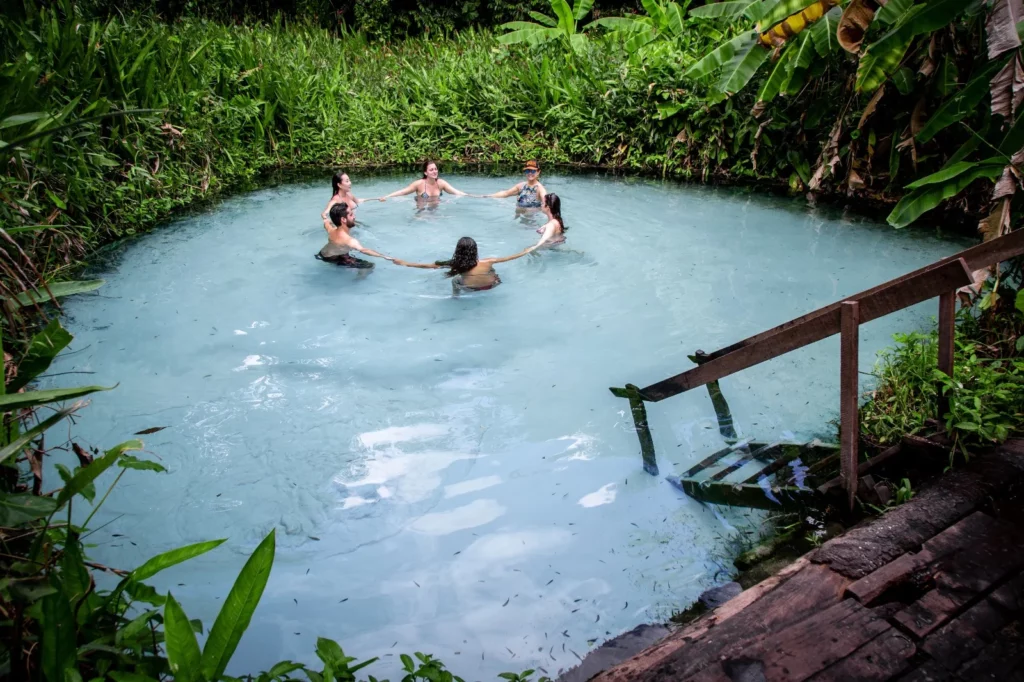 Visitantes tomando banho em um fervedouro cercado por vegetação