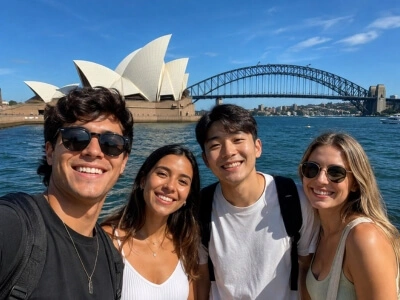 Estudiantes internacionales frente a la Sydney Opera House