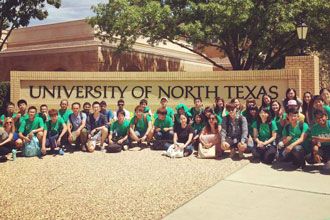 students from English course in front of univesity of North Texas in Denton