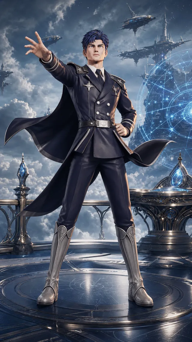 A celestial commander above a sky fortress