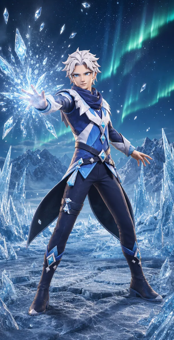An ice cryo-warrior beneath an aurora
