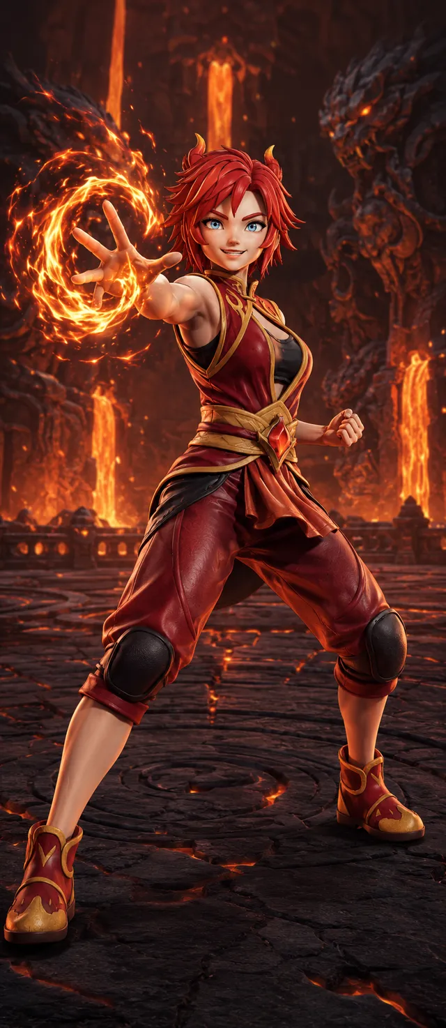 A fire martial artist in a lava arena