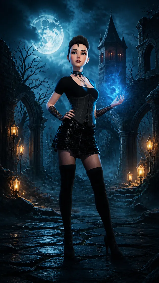 A goth girl among moonlit ruins