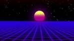 Retro text with retrofuturistic synthwave background. Grid landscape and sun.