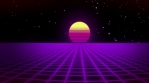 Future text with retrofuturistic synthwave background. Grid landscape and sun.