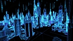 Flyover a futuristic cityscape with binary 1/0 in the background. Seamless animation.